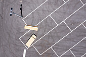 Aerial view of a geometric parking lot and construction site for an rv and boat storage facility, Wabasso, Florida, United States.