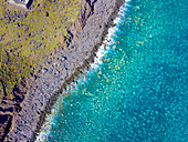 Aerial view of beautiful coastline with sandy beaches and turquoise ocean, Madeira, Portugal.