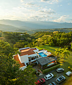 Aerial view of luxury resort with pool overlooking ocean, San Jeronimo, Antioquia, Colombia.