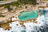 Aerial view above of Bronte Baths public swimming pool, Sydney. Australia.