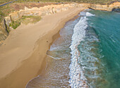 Aerial view of tourists by London Arch, Port Campbell national park, Australia.