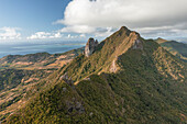 Aerial view of Le Chat y La Souris mountain or Mount Villars, in the Bambous Range near Grand Sable, Flacq, Mauritius.
