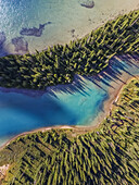 Aerial view of blue bow lake in Alberta, Canada.