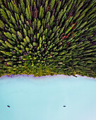 Aerial view of canoes in blue lake in Alberta, Canada.