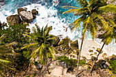 Aerial view of attractive woman swinging at Diamond Beach shore, Indonesia.