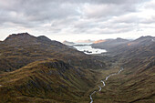 Aerial view of Captain Bay with valley and mountains, Unalaska, Alaska, United States.