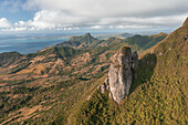 Aerial view of Le Chat y La Souris mountain or Mount Villars, in the Bambous Range near Grand Sable, Flacq, Mauritius.
