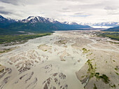 Aerial view of Knik river surrounding by mountains, Anchorage, Alaska.