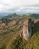 Aerial view of Le Chat y La Souris mountain or Mount Villars, in the Bambous Range near Grand Sable, Flacq, Mauritius.