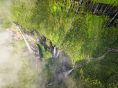 Aerial view above waterfall surrounding by jungle, Faroe Island.