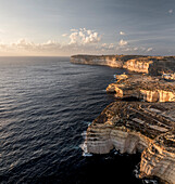 Aerial view of rugged Gozo cliffs, Munxar, Malta.