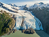 Aerial view of mountain near glacial formation, Seward, Alaska.