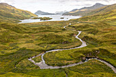 Aerial view of Shaishnikof River, Unalaska, Alaska, United States.