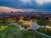 Aerial view of the Patterson Park Pagoda Observatory during twilight in Baltimore, Maryland, United States.