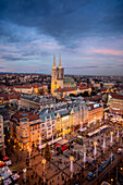 Aerial view of Zagreb city center during Advent at sunset, in Croatia.