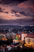 Aerial view of Zagreb city center during Advent at sunset, in Croatia.