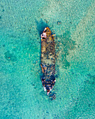 Aerial view of the Baboo Shipwreck off the coast of Aruba.
