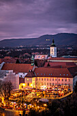 Aerial view of Zagreb city center during Advent at sunset, in Croatia.