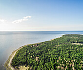 Aerial scenic view of coastline on the island of Vormsi in Estonia, surrounded by beautiful Baltic Sea