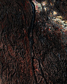 Luftaufnahme der getrockneten Lava des Vulkans Geldingadalir, Grindavík, Region Südliche Halbinsel, Island.