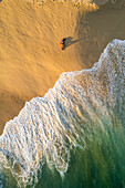 Aerial view of a person on the beach at Playa de los Amantes, Cabo San Lucas, Baja California, Mexico.