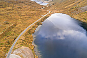 Aerial view of clouds reflection in lakes in Norway.