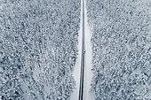 Aerial view of a car on cold winterday driving in a snowy pine forest, Lahemaa National Park, Harjumaa, Estonia.
