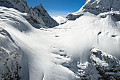 Aerial view of snowy Tilman Pass and glacier in Langtang, Nepal.