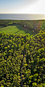 Aerial view of road going through forest and sea at the background on Forby on Vormsi island, Estonia.