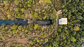 Aerial view of river Matica flowing into a tunnel near the city of Ploce in Dalmatia, Croatia.