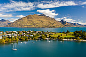 Aerial view of Lake Lucerne at sunset with Cecil Peak and Kelvin Peninsula, Kelvin Heights, Otago, New Zealand.