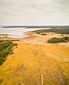 Aerial view of unusual landscape of coastline on the island of Vormsi in Estonia