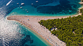 Aerial view of one of the most famous beaches in Croatia - Zlatni Rat near the city of Bol on Brac island in Croatia.