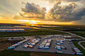 Aerial view of a huge parking lot with trucks in Wilmington near Chicago, Illinois, United States of America.