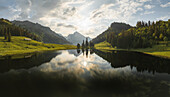Drohnenaufnahme eines Sees umgeben von saftig grünem Gras, Grappelensee, Wildhaus, Laui, St. Gallen, Schweiz