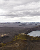 Aerial view of Blahylur lake with beautiful volcanic landscape in background, Hella, Southern Region, Iceland.