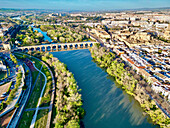 Aerial view of ?Guadalquivir river and Roman bridge, Córdoba?, ?Spain.