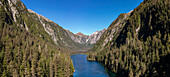 Panoramic aerial view of Lake Medvijie, Tongass National Forest, Baranof Island, Sitka, Alaska, United States.