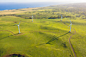Aerial view of the Hawi Wind Farm, Hawi, North Kohala, Hawaii Island, Hawaii, United States.