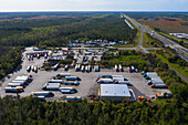 Aerial view of a huge parking lot with trucks in Wilmington near Chicago, Illinois, United States of America.