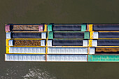 Aerial view of freight barges at a freight harbour on the Des Plaines River in Lemont, IL