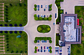 Aerial view of a small parking lot next to the vineyard near the Lake Ontario, Canada.