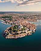 Aerial view of Rovinj old town facing the Adriatic Sea in Istria, Croatia.