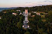 Aerial view of Bom Jesus do Monte, a Catholic Church on the hilltop with famous stairs in Braga, Portugal.