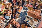 Aerial view of an old little square in Seixal old town with a city church, Seixal, Portugal.