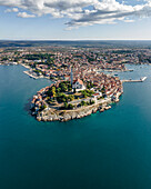 Aerial view of Rovinj old town facing the Adriatic Sea in Istria, Croatia.