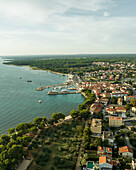 Aerial view of Fazana, a small town with a small harbour along the Adriatic Sea coastline, Istria, Croatia.
