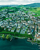 Aerial view of Kussnacht am Rigi, a small town along the Lake Lucerne at sunset, Schwyz, Switzerland.