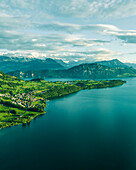 Aerial view of Lake Lucerne at sunset, from Kussnacht am Rigi with Burgenstock mountain peak in background, Schwyz, Switzerland.