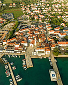 Aerial view of Fazana, a small town with a small harbour along the Adriatic Sea coastline, Istria, Croatia.